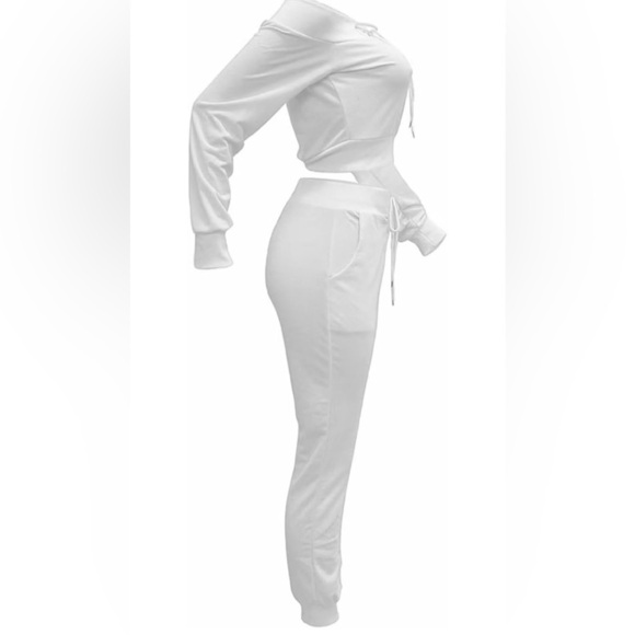 Long Sleeve Two Piece Outfit Tracksuit Lace Up Off Shoulder Casual Sweatsuit - Picture 4 of 14